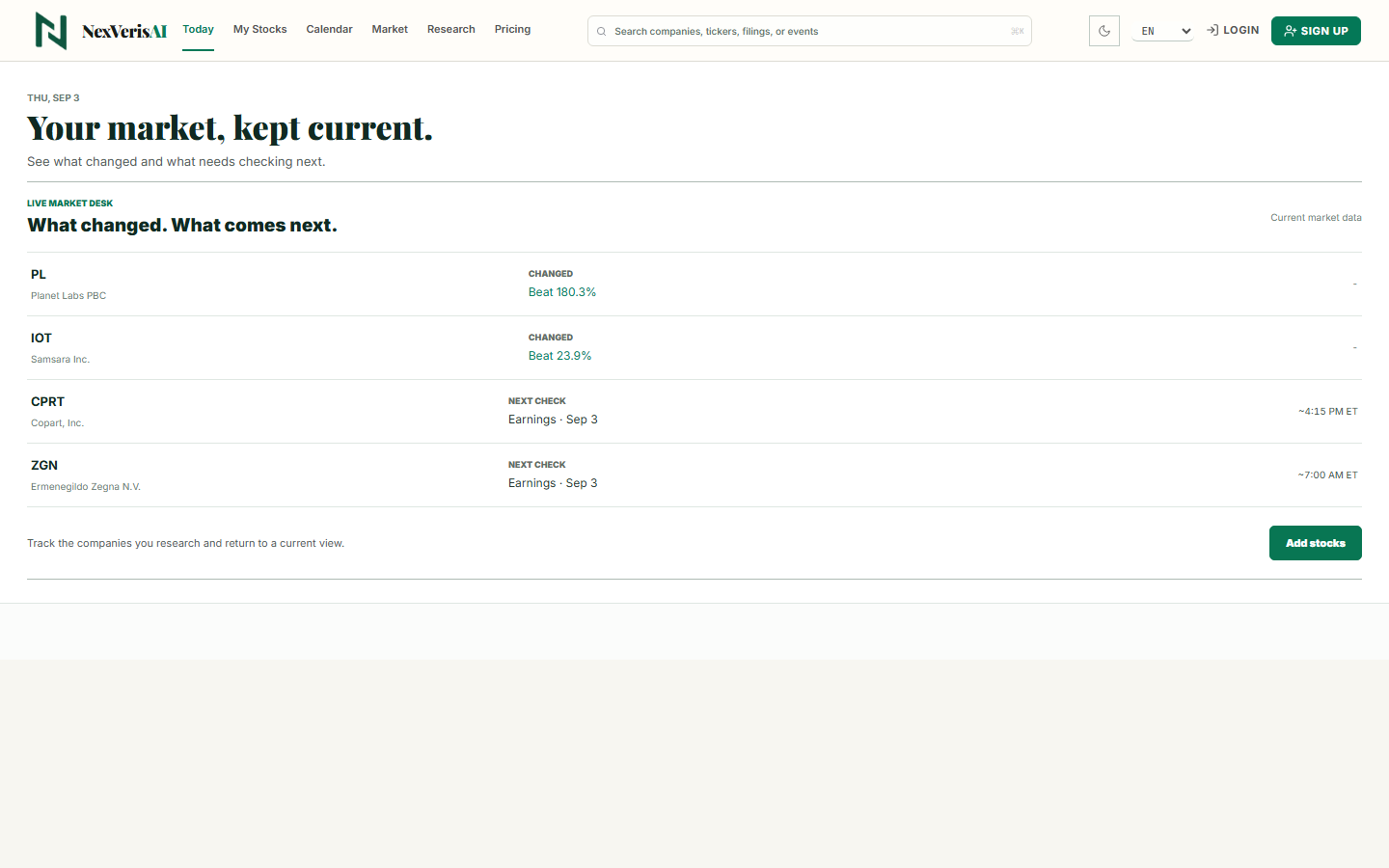 NexVeris AI market desk with stock changes and next checks